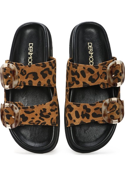 Kadın Leopar Çift Tokalı Süet Deri Terlik 25SFD200710