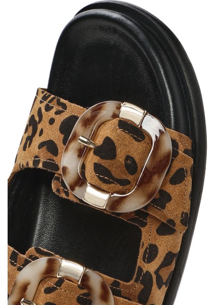 Kadın Leopar Çift Tokalı Süet Deri Terlik 25SFD200710