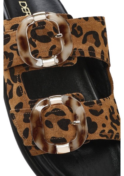 Kadın Leopar Çift Tokalı Süet Deri Terlik 25SFD200710