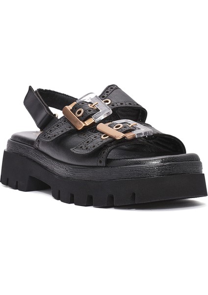 Kadın Siyah Tokalı Bantlı Kalın Tabanlı Deri Sandalet 25SFD202318