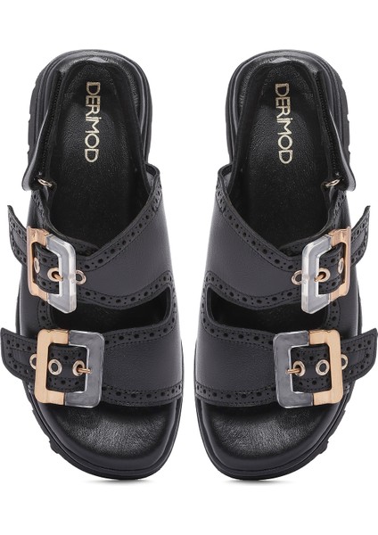 Kadın Siyah Tokalı Bantlı Kalın Tabanlı Deri Sandalet 25SFD202318