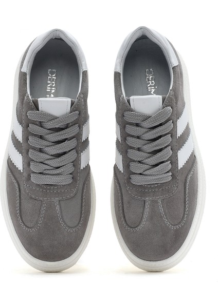 Kadın Gri Bağcıklı Kalın Tabanlı Süet Deri Sneaker 25SFD511010