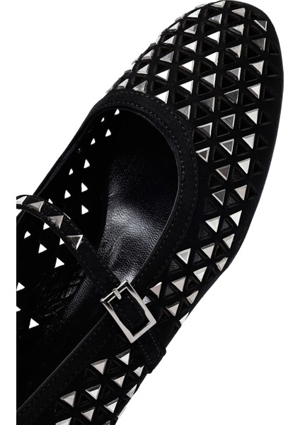 Kadın Siyah Tokalı Taşlı Deri Babet 25SFD140514