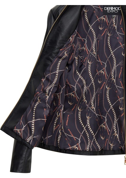 Lydia (Plus) Kadın Siyah Geniş Kalıp Fermuarlı Deri Ceket 25SGE52971M