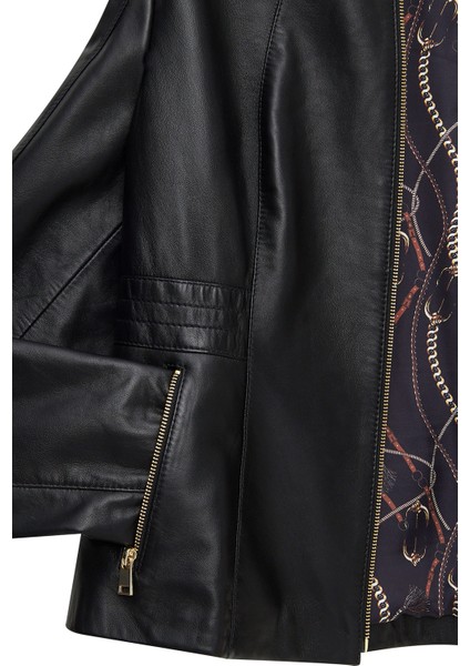 Lydia (Plus) Kadın Siyah Geniş Kalıp Fermuarlı Deri Ceket 25SGE52971M