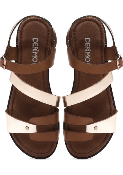 Kadın Altın Tokalı Metalik Deri Bodrum Sandaleti 25SFD333618