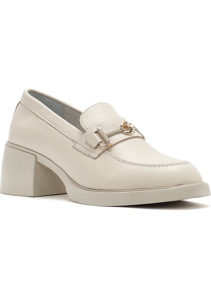 Kadın Krem Tokalı Kısa Kalın Topuklu Deri Maskülen Ayakkabı 25SFD510618