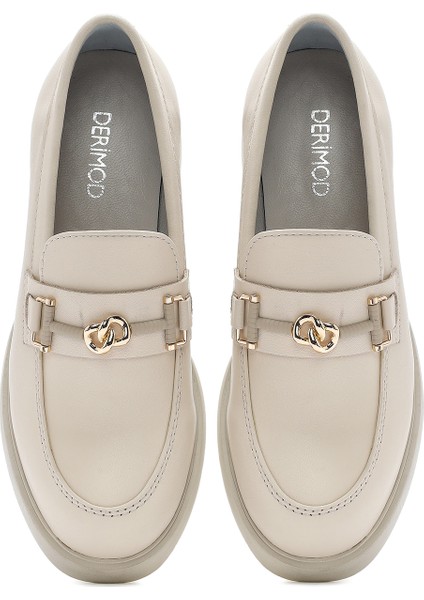 Kadın Krem Tokalı Kısa Kalın Topuklu Deri Maskülen Ayakkabı 25SFD510618