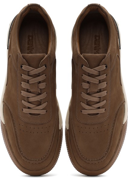 Erkek Bej Bağcıklı Kalın Tabanlı Nubuk Deri Sneaker 25SFD6110V3