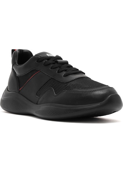 Erkek Siyah Bağcıklı Kalın Tabanlı Deri Casual Sneaker 25SFD756314