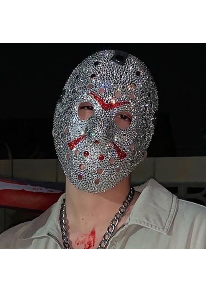 Elmas Kesim Yapıştırma Taşlı Jason Hockey Hokey Halloween Maskesi Gümüş Renk