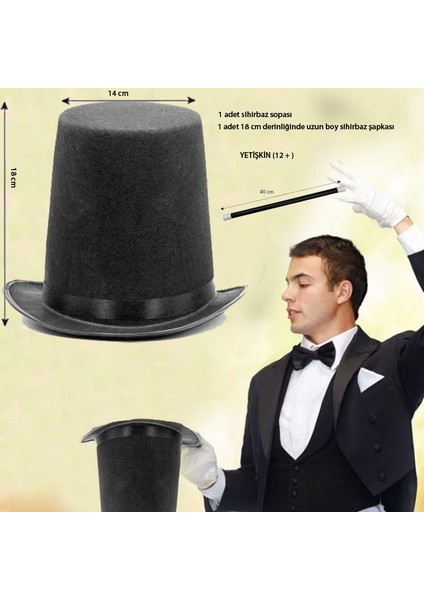 Halloween Keçe Siyah Renk Sihirbaz Uzun Şapkası Sihirbaz Asası Seti