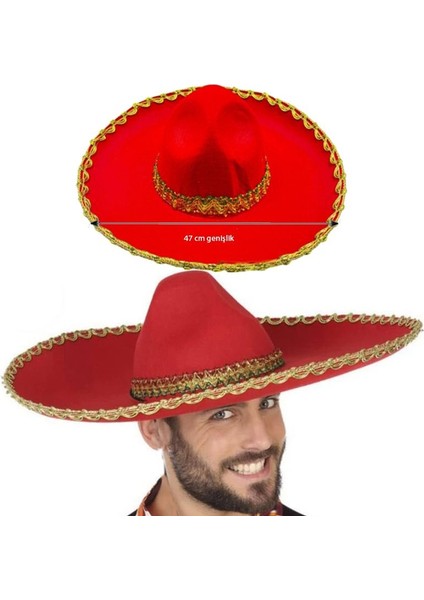 Kırmızı Renk Keçe Kumaş Meksikalı Latin Mariachi Şapkası Altın Şeritli Yetişkin Hawaian