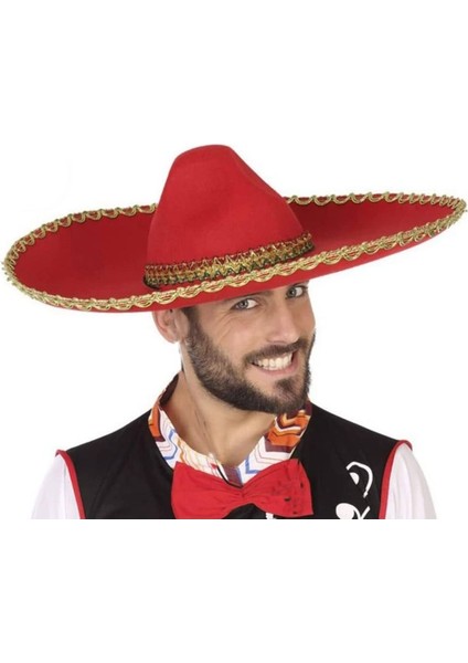 Kırmızı Renk Keçe Kumaş Meksikalı Latin Mariachi Şapkası Altın Şeritli Yetişkin Hawaian modelleri