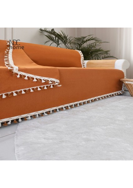 Tarçın Rengi Keten Ponponlu Koltuk Örtüsü 170X220 fiyatları