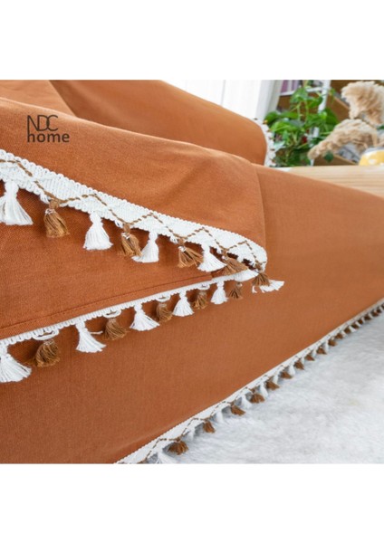 Tarçın Rengi Keten Ponponlu Koltuk Örtüsü 170X220 modelleri