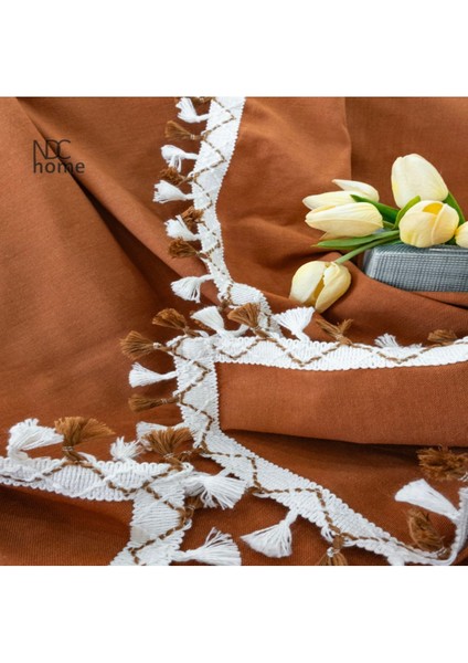 Tarçın Rengi Keten Ponponlu Koltuk Örtüsü 170X220 fırsatları