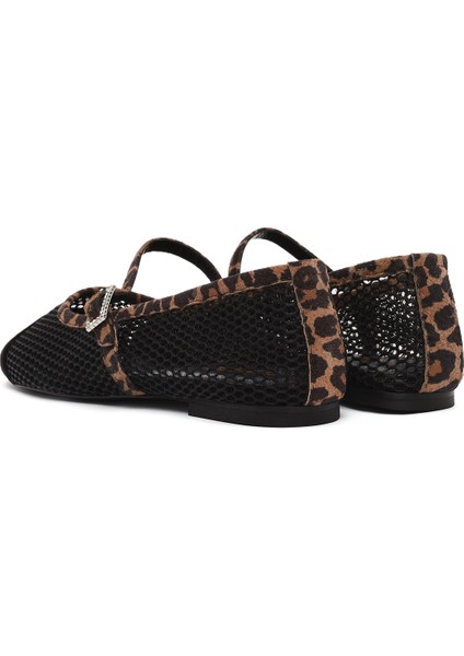 Kadın Siyah Leopar Desenli Tokalı File Deri Babet 25SFD140414
