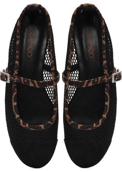 Kadın Siyah Leopar Desenli Tokalı File Deri Babet 25SFD140414