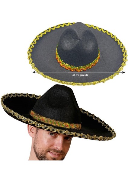 Siyah Renk Keçe Kumaş Meksikalı Latin Mariachi Şapkası Altın Şeritli Yetişkin Hawaian
