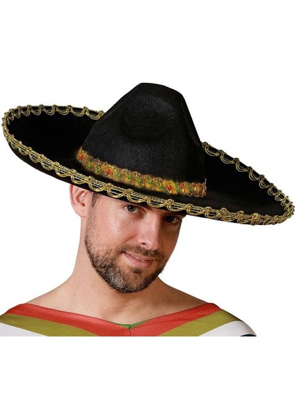 Siyah Renk Keçe Kumaş Meksikalı Latin Mariachi Şapkası Altın Şeritli Yetişkin Hawaian modelleri