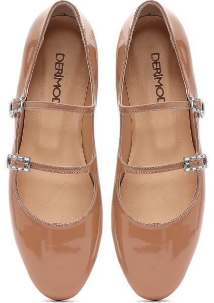 Kadın Bej Tokalı Taşlı Rugan Deri Babet 25SFD230416