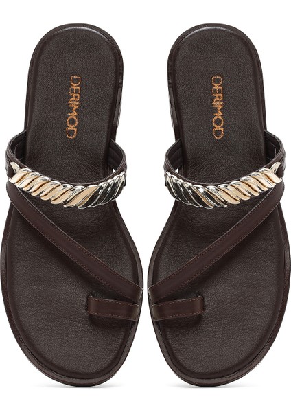 Kadın Kahverengi Taşlı Parmak Arası Deri Terlik 25SFD160618