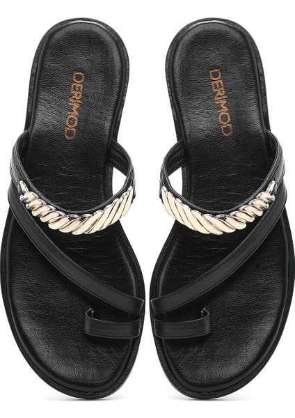 Kadın Siyah Taşlı Parmak Arası Deri Terlik 25SFD160618