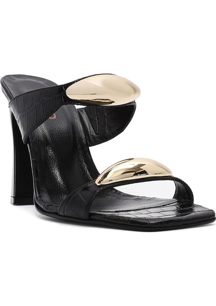 Kadın Siyah Kroko Desenli Deri Yüksek Kalın Topuklu Terlik 25SFD1610E3