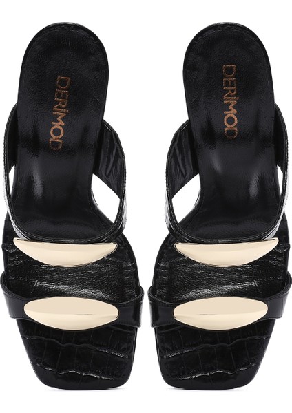 Kadın Siyah Kroko Desenli Deri Yüksek Kalın Topuklu Terlik 25SFD1610E3