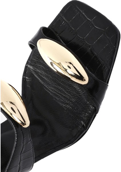 Kadın Siyah Kroko Desenli Deri Yüksek Kalın Topuklu Terlik 25SFD1610E3