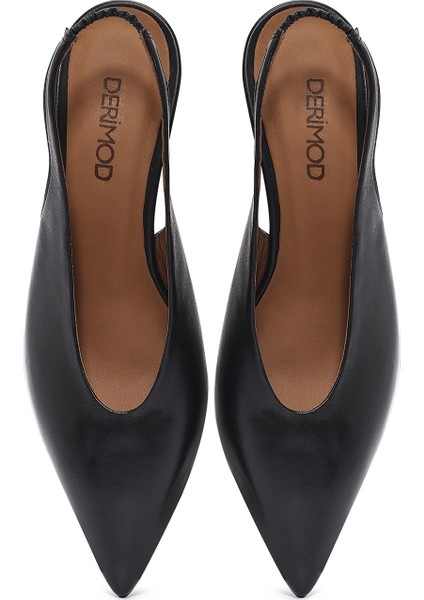 Kadın Siyah Arkası Açık Lastikli Ince Kısa Topuklu Deri Ayakkabı 25SFD132218