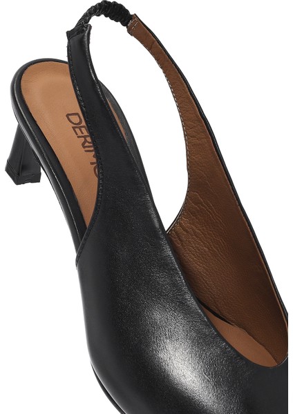 Kadın Siyah Arkası Açık Lastikli Ince Kısa Topuklu Deri Ayakkabı 25SFD132218