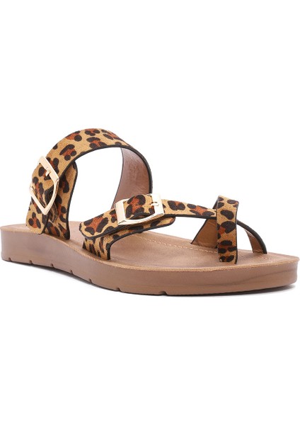 Kadın Leopar Desenli Parmak Arası Süet Terlik 25SFE460110