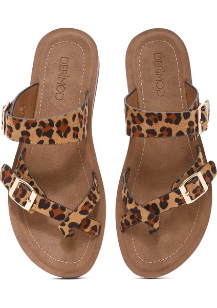 Kadın Leopar Desenli Parmak Arası Süet Terlik 25SFE460110