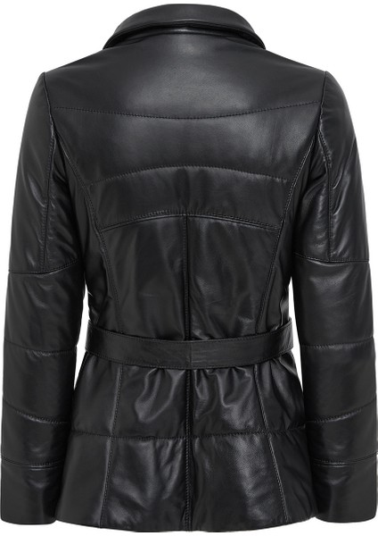 Alexandra Kadın Siyah Kapüşonlu Kürklü Deri Kaban 24WGE52851M