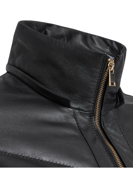 Alexandra Kadın Siyah Kapüşonlu Kürklü Deri Kaban 24WGE52851M
