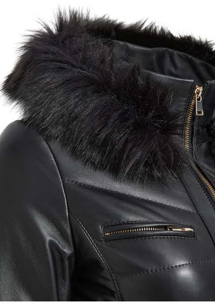 Alexandra Kadın Siyah Kapüşonlu Kürklü Deri Kaban 24WGE52851M