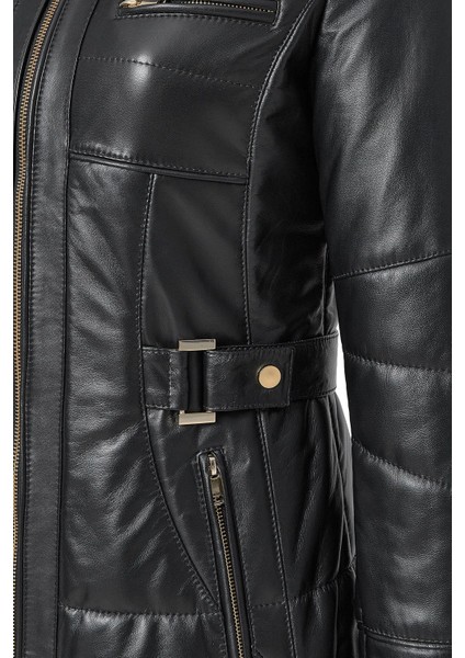 Alexandra Kadın Siyah Kapüşonlu Kürklü Deri Kaban 24WGE52851M