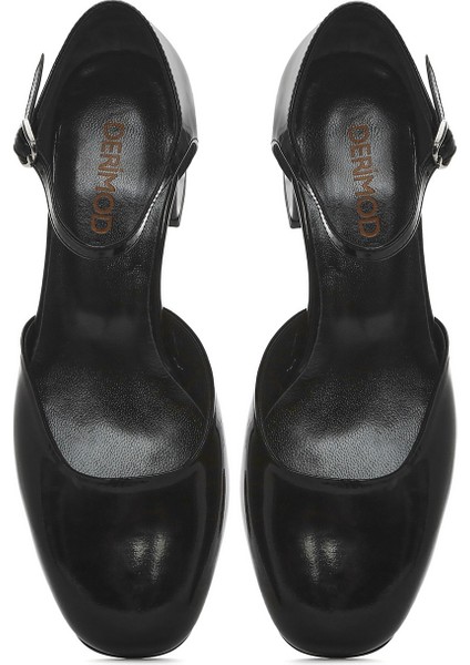 Kadın Siyah Bilekten Tokalı Kısa Kalın Topuklu Rugan Deri Ayakkabı 25SFD140916