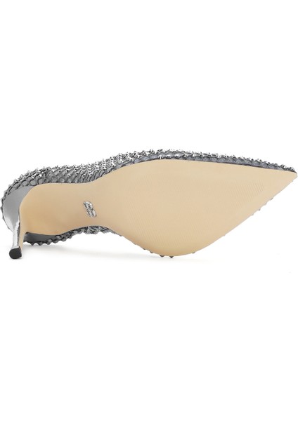 Kadın Gümüş Taşlı Yüksek Ince Topuklu Deri Stiletto 25SFD1214TS