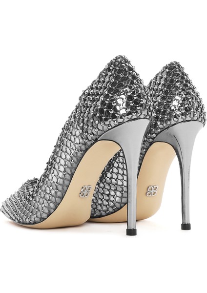 Kadın Gümüş Taşlı Yüksek Ince Topuklu Deri Stiletto 25SFD1214TS