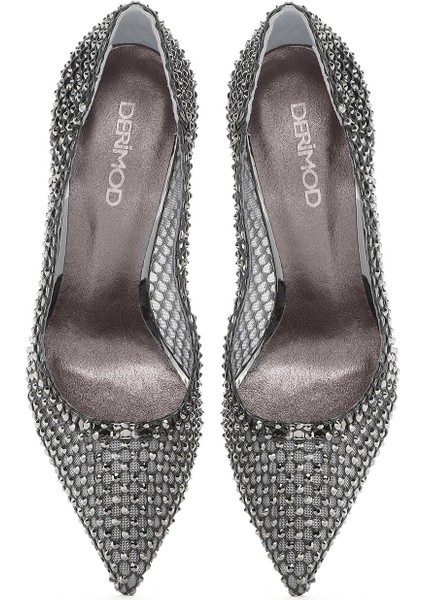 Kadın Gümüş Taşlı Yüksek Ince Topuklu Deri Stiletto 25SFD1214TS