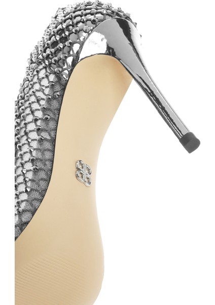 Kadın Gümüş Taşlı Yüksek Ince Topuklu Deri Stiletto 25SFD1214TS