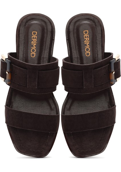 Kadın Kahverengi Tokalı Süet Deri Terlik 25SFD160710