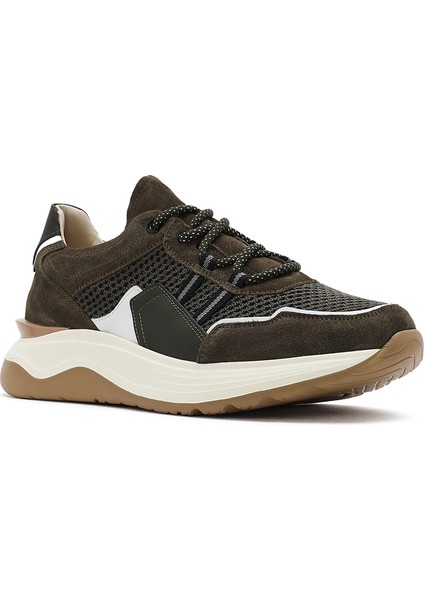 Erkek Haki Bağcıklı Kalın Tabanlı Deri Sneaker 25SFD795014