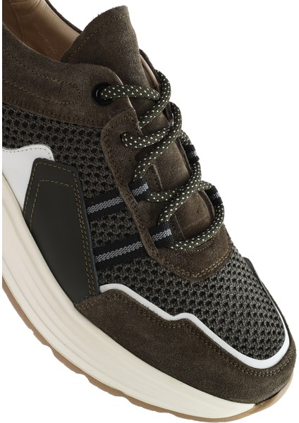 Erkek Haki Bağcıklı Kalın Tabanlı Deri Sneaker 25SFD795014