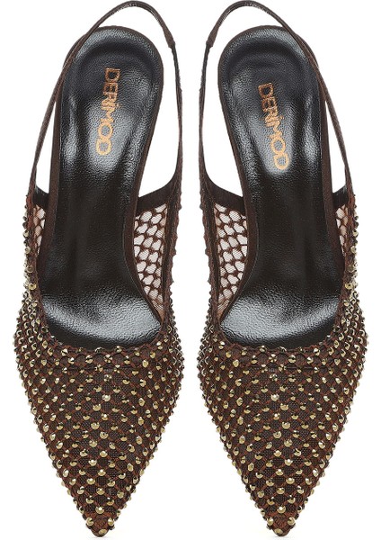 Kadın Bronz Taşlı Arkası Açık Ince Topuklu Deri Ayakkabı 25SFD1210TS