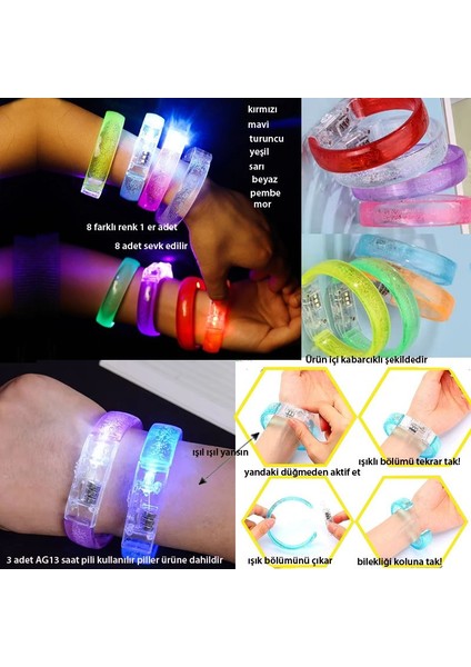 Baskı Yapılabilen Işıklı Pilli LED Bileklik 8 Farklı Renk 8 Adet 1,5 cm Genişlik Retro