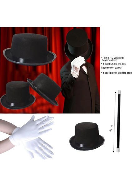 Halloween Keçe Melon Gösteri Şapkası Beyaz Eldiven ve Asa Seti 6-10 Yaş